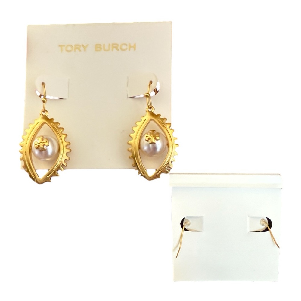 Tory Burch Gold Pearl Drop Logo Earrings - Picture 3 of 3